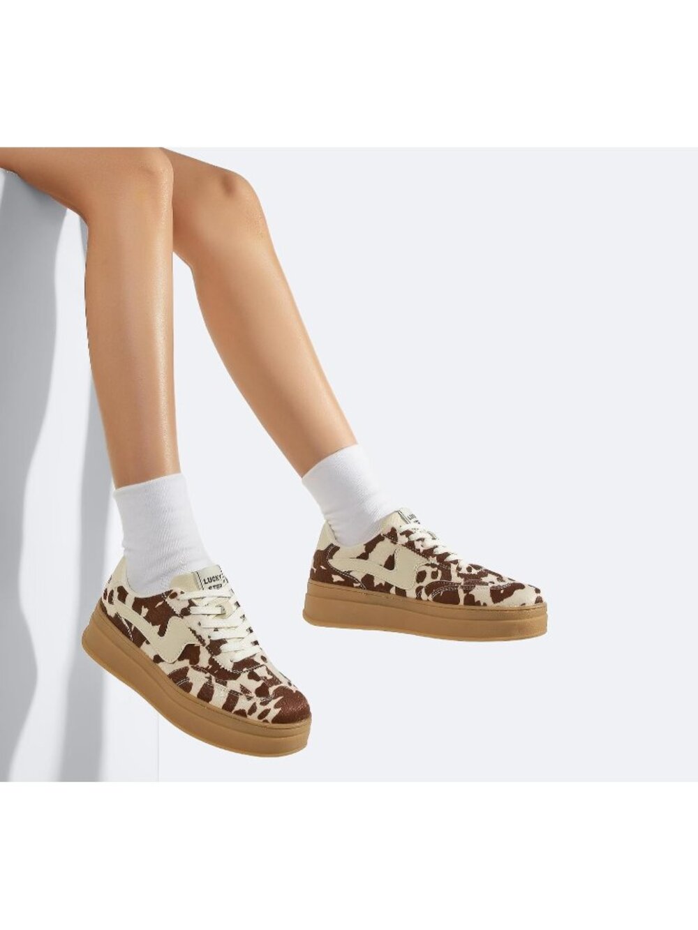 Women's Brown Cow Print Suede Genuine Leather Walking Platform Fashion Sneakers - Picture 2 of 7